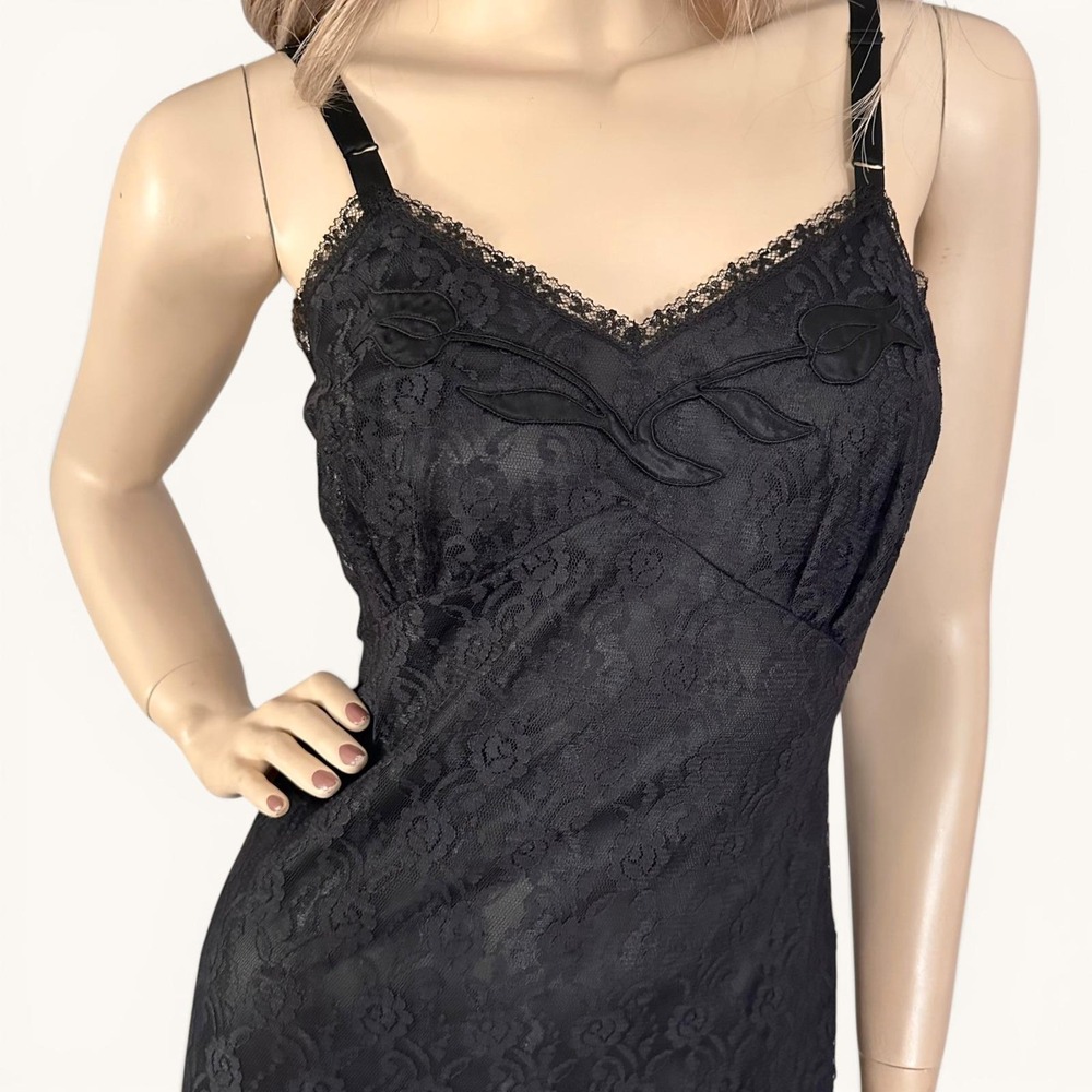 Vintage 1960s Black Lace Slip Dress Nylon Tulip Applique New Old Stock XS - Picture 2 of 8